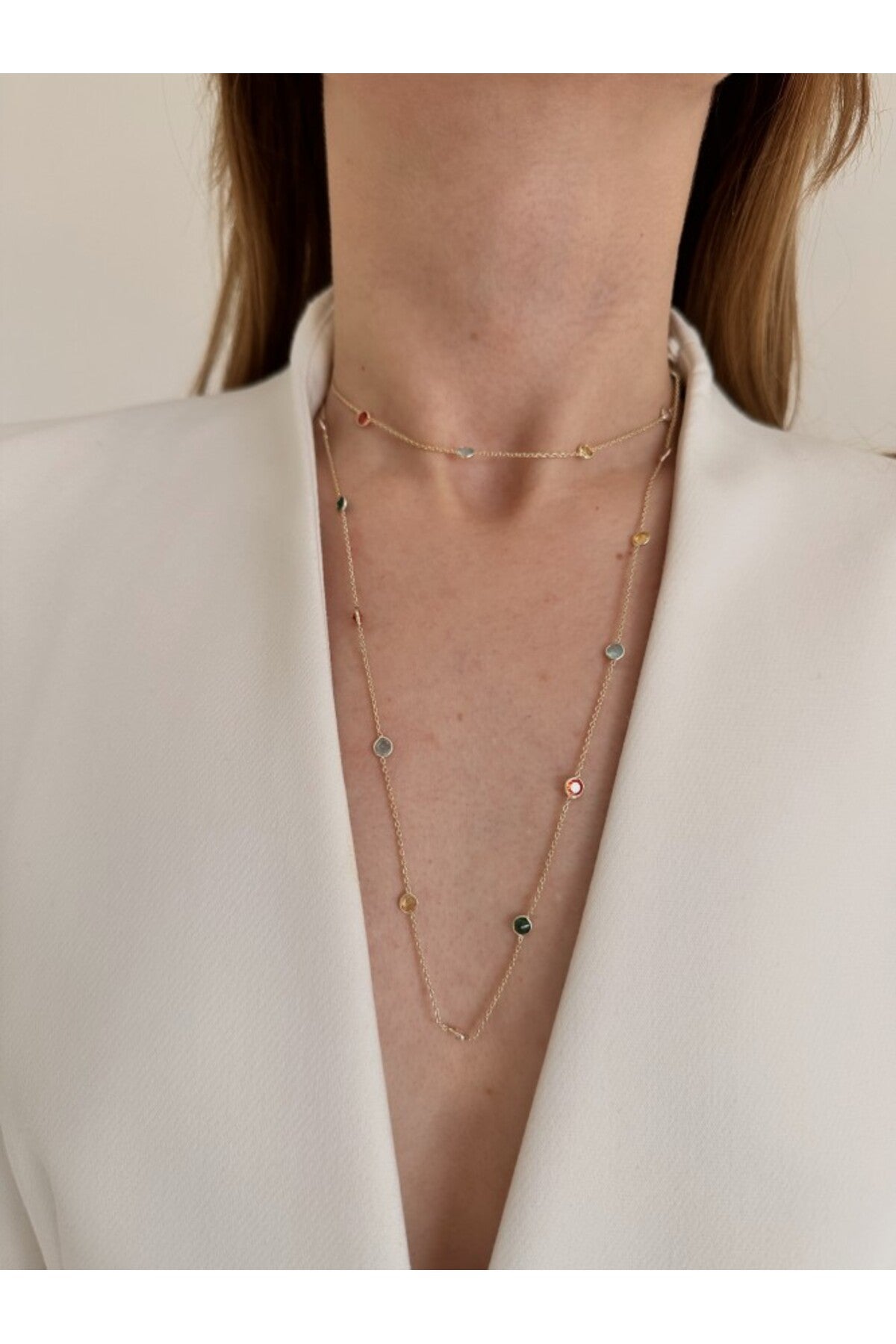 14k Çelik Üzeri Altın Kaplama Renkli Taşlı Özel Seriz 90 Cm Kolye