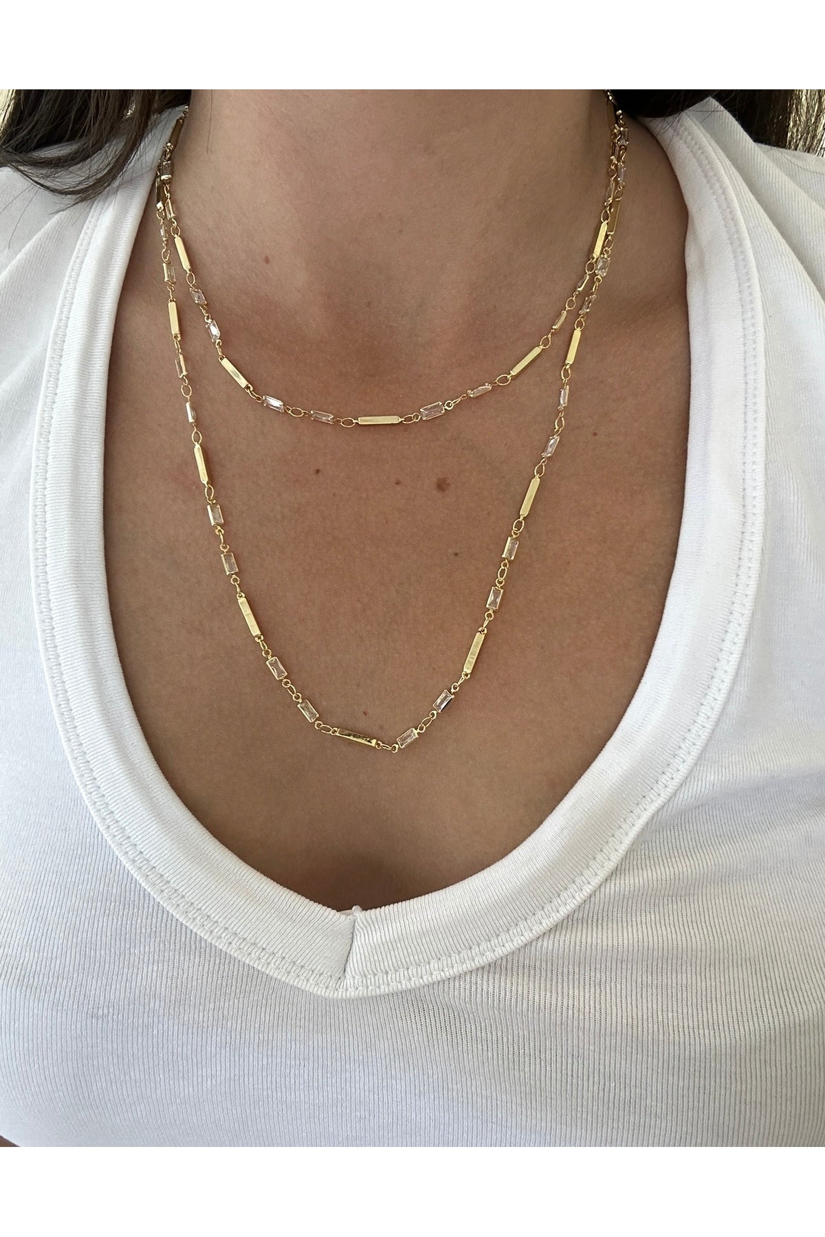 14K Çelik Üzeri Altın Kaplama 90 Cm Taşlı Zincir Kolye